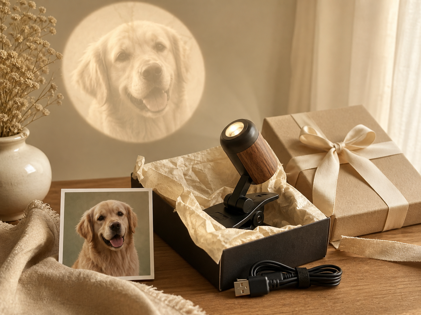 A personalized pet projection light arranged as a premium gift