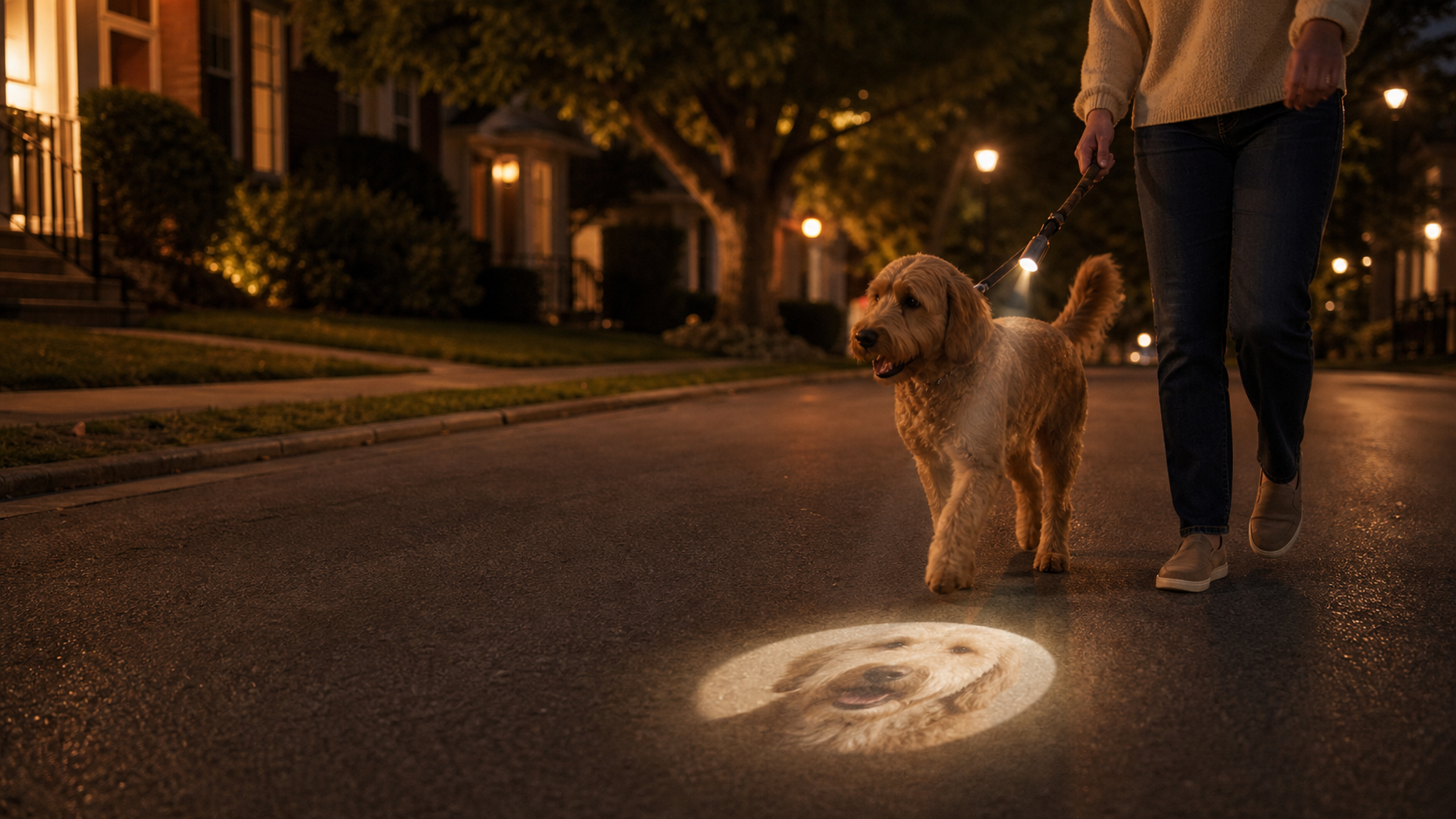 A dog walk at night with a personalized pet photo projection on the pavement