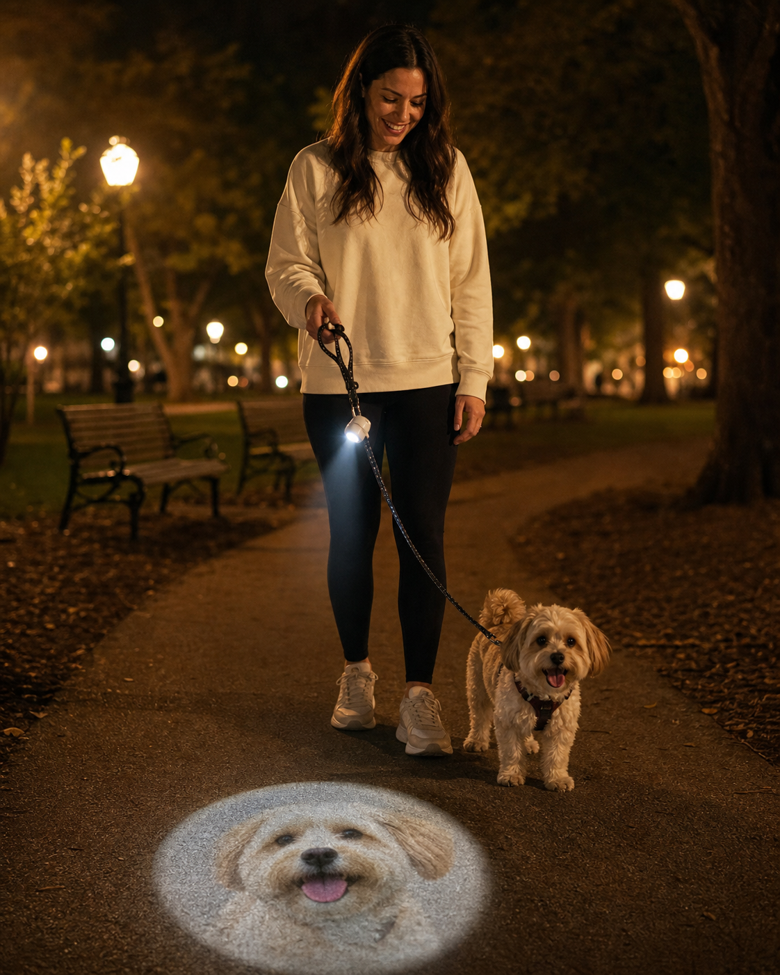 A pet parent walking a dog at night with a custom projection light