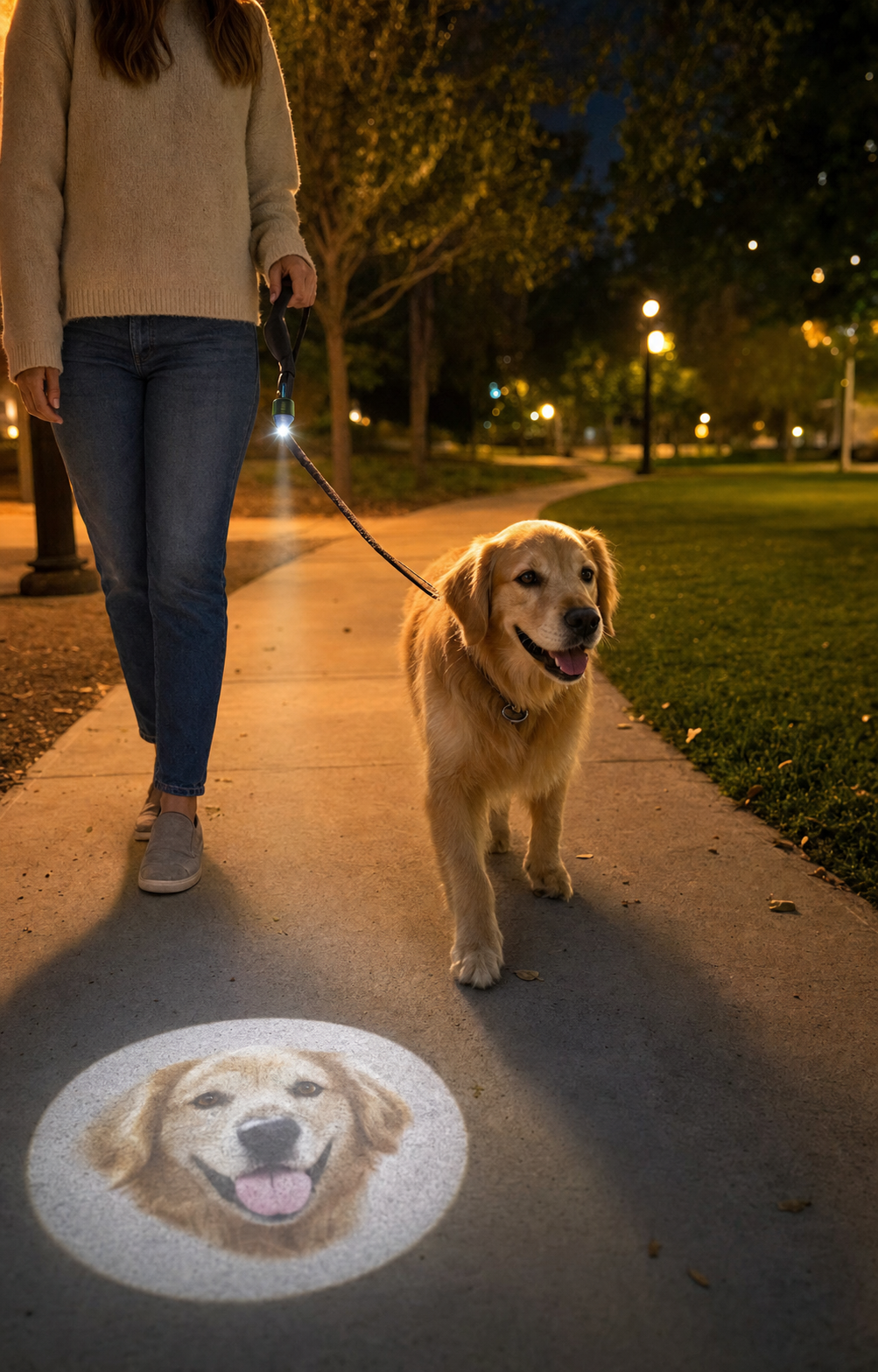 A dog on an evening walk with a projected pet portrait on the sidewalk